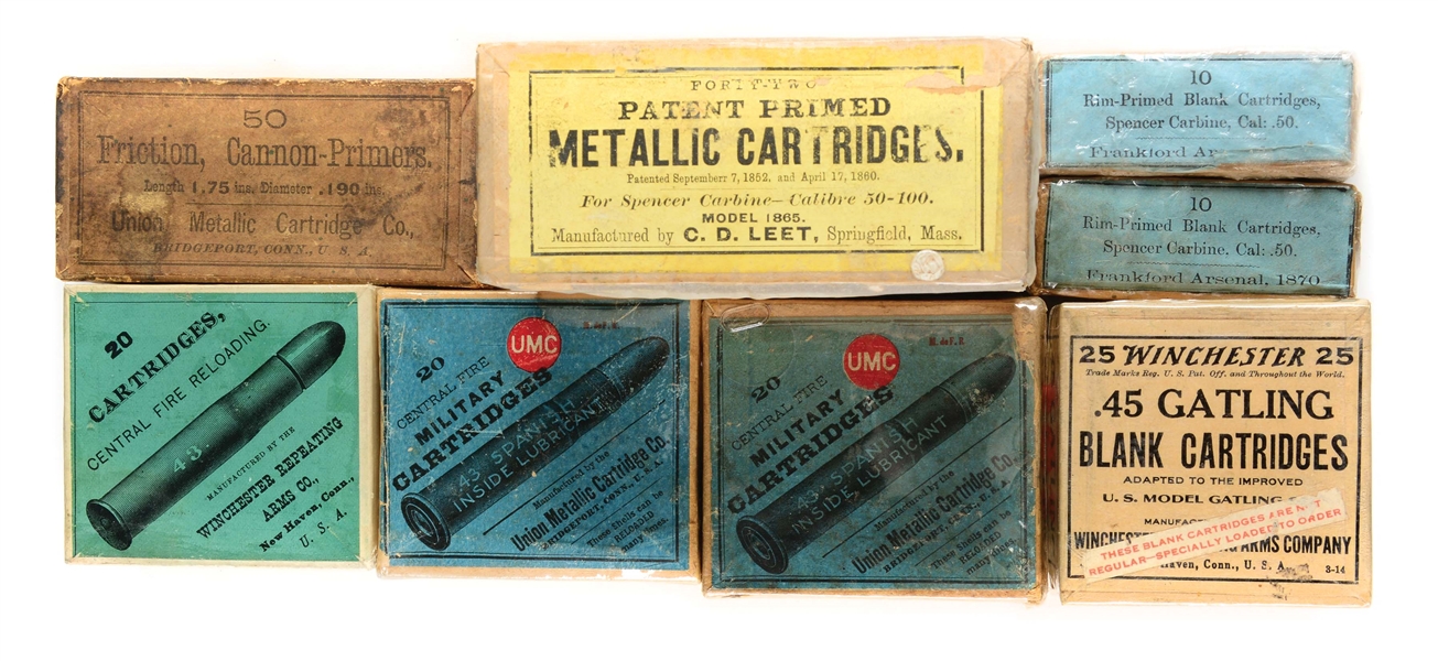 FINE LOT OF EIGHT COMMERCIAL AND MILITARY BOXES OF 19TH CENTURY AMMUNITION.