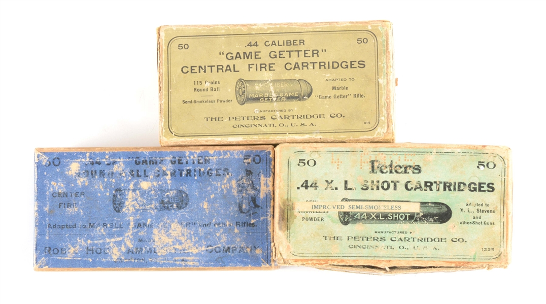 LOT OF THREE: EXTREMELY RARE ROBINS HOOD AMMUNITION COMPANY .44 BALL FOR MARBLES GAME GETTER, PETERS .44 GAME GETTER CARTRIDGES, AND PETERS .44 XTRA LONG SHOT.