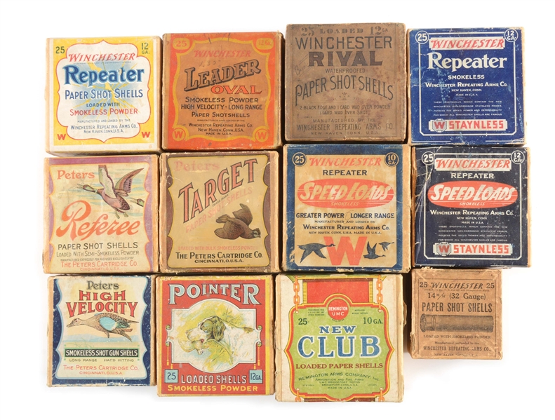 WONDERFUL 12 PIECE ASSORTMENT OF EARLY PICTURE SHOTSHELL BOXES.