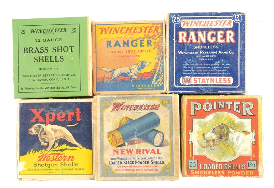 ATTRACTIVE LOT OF 6 EARLY SHOTSHELL BOXES