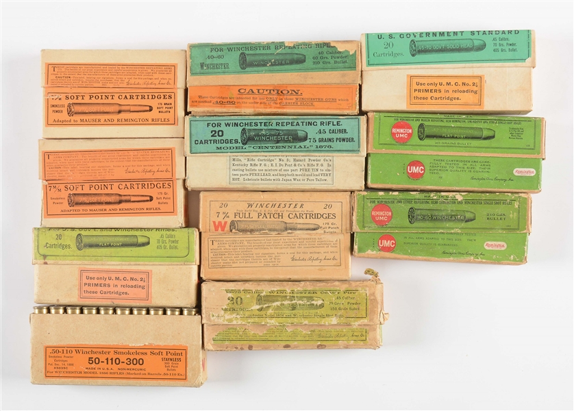 LOT OF EARLY BIG BORE LEVER GUN AMMUNITION AND 7 MAUSER AMMO.