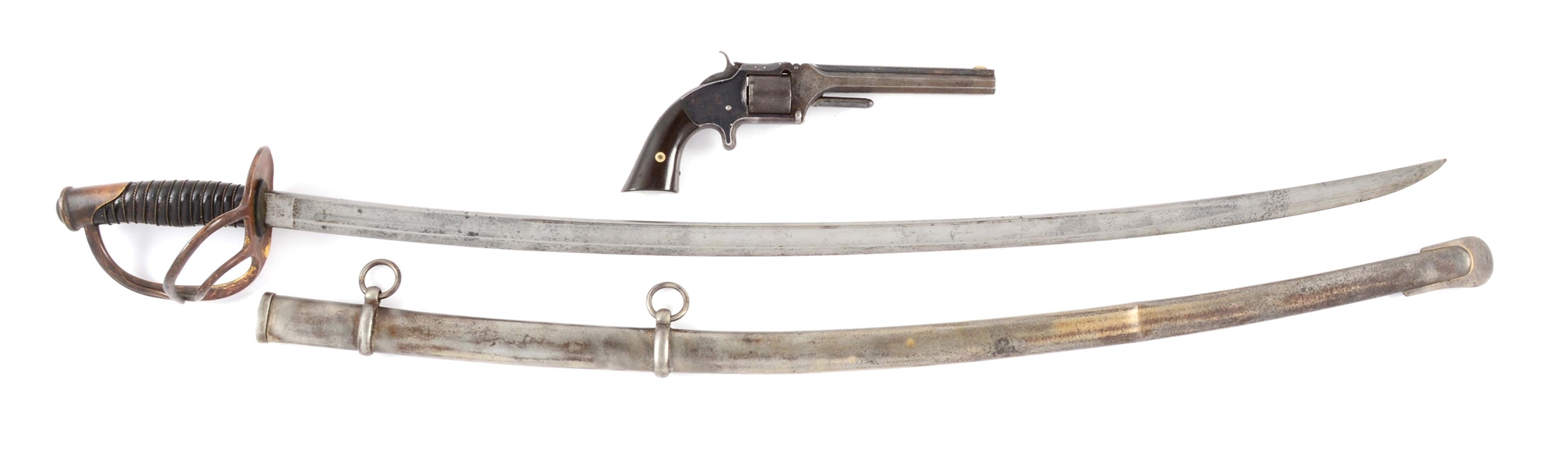 (A) LOT OF TWO: SMITH AND WESSON NO. 2 .32 RF ARMY AND AN 1860 CAVALRY SABER IDENTIFIED TO PRIVATE JOHN SHEWALTER.