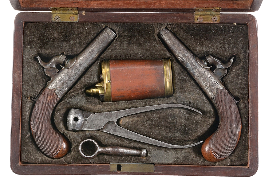 (A) DIMINUTIVE CASED PAIR OF POCKET PISTOLS WITH ACCESSORIES BY BAKER.