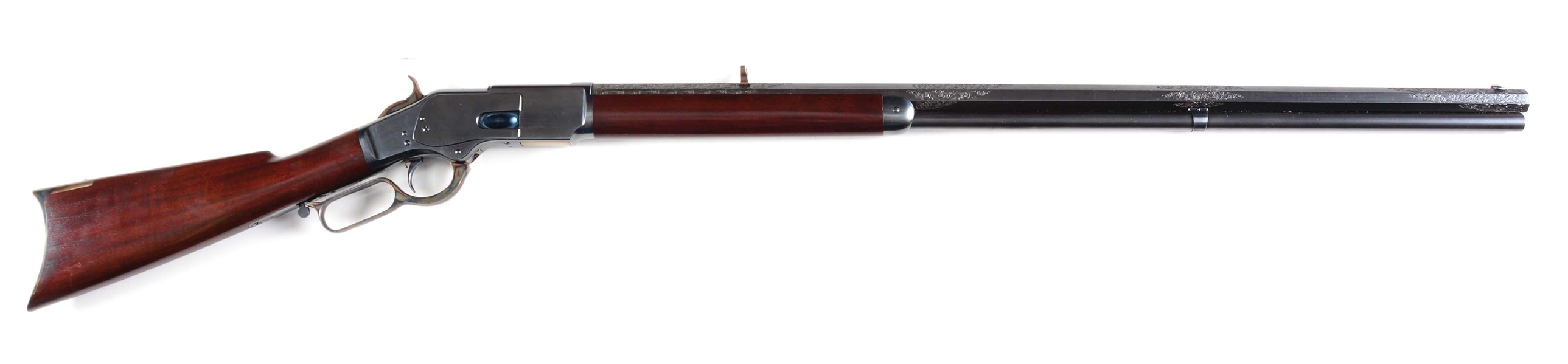 (A) FACTORY SPECIAL ORDER ENGRAVED FIRST MODEL 1873 RIFLE WITH EXTRA LENGTH BARREL.