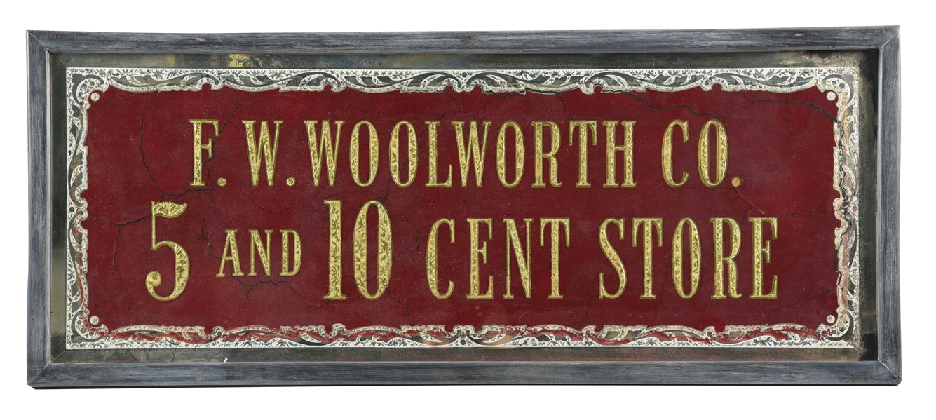 F.W. WOOLWORTH REVERSE GLASS ADVERTISING SIGN.
