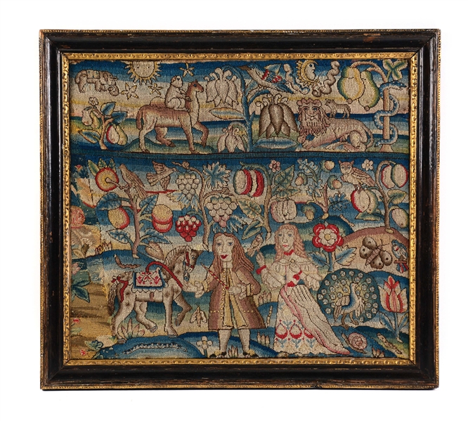 EXTREMELY RARE LARGE SIZE QUEEN ANNE WOOLWORK PICTURE PROBABLY ENGLISH CIRCA 1700.