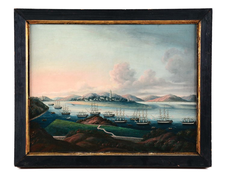 OIL ON CANVAS CHINESE EXPORT PAINTING OF WAMPOA REACH CHINA CIRCA 1830.