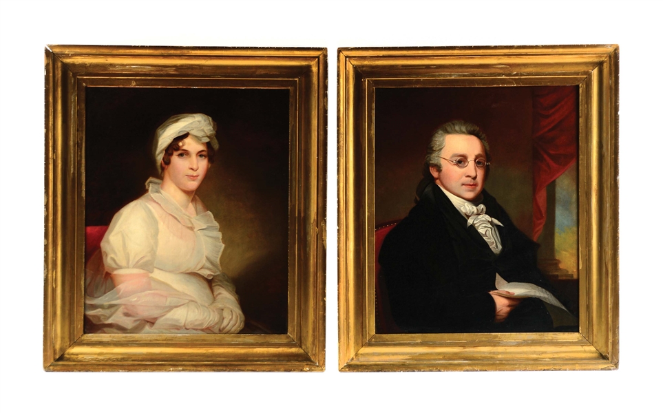 FINE PAIR OF OIL PORTRAITS OF JUDGE WALTER FRANKLIN AND HIS WIFE, MRS. FRANKLIN LANCASTER, PENNSYLVANIA CIRCA 1815-1828 BY JACOB EICHOLTZ.