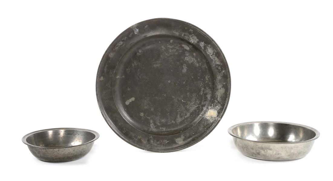 LOT OF 3: EXTREMELY LARGE ENGLISH PEWTER CHARGER WITH 2 PEWTER CHARGERS BY THOMAS DANFORTH OF PHILADELPHIA.