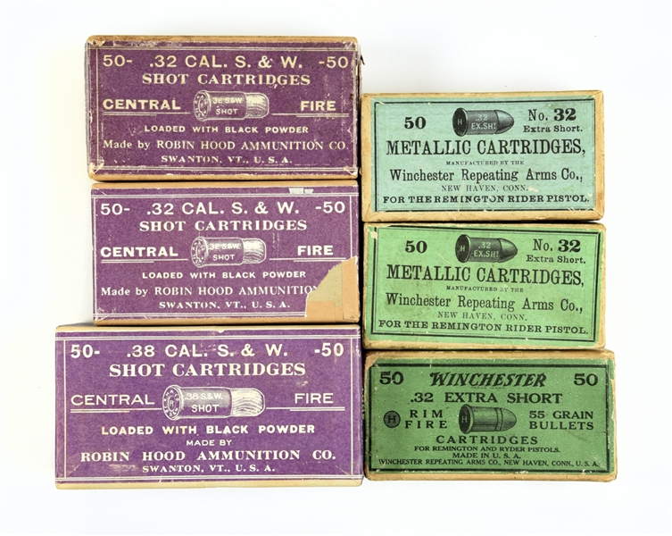 LOT OF SIX: THREE BOXES OF WINCHESTER AMMO AND THREE BOXES OF ROBIN HOOD AMMO.