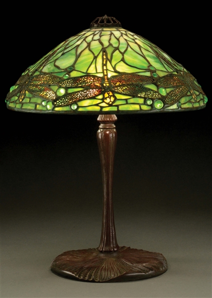 TIFFANY STUDIOS DRAGONFLY LEADED GLASS LAMP.