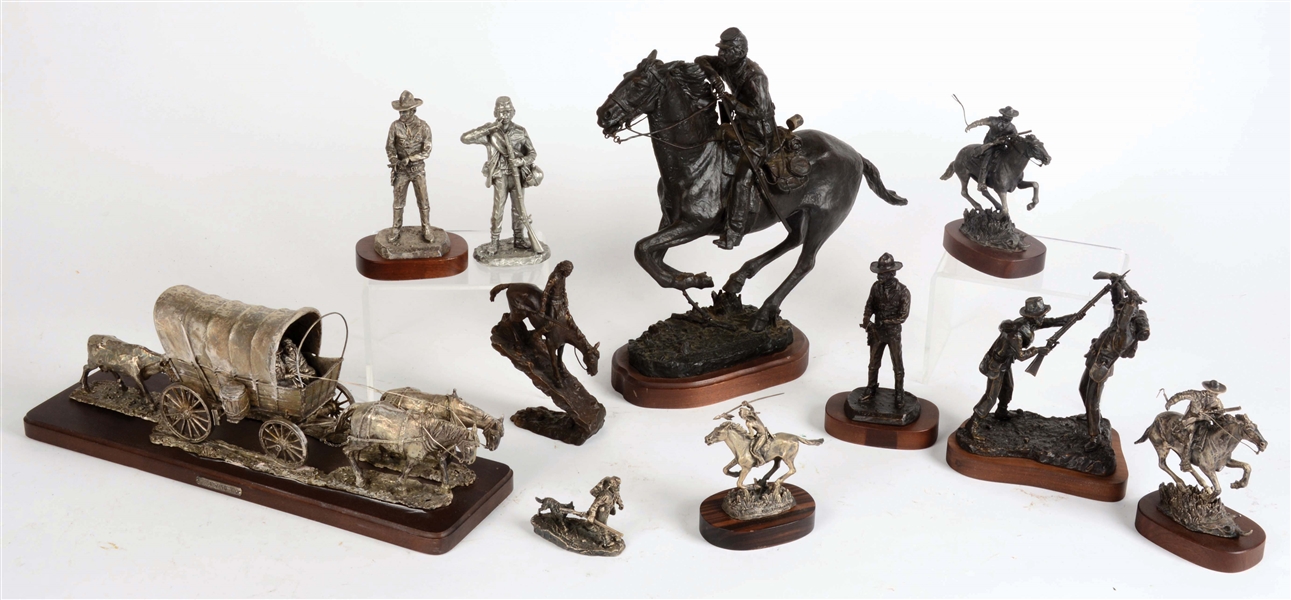 LOT OF 11: BRONZE, STERLING AND PEWTER FIGURINES.