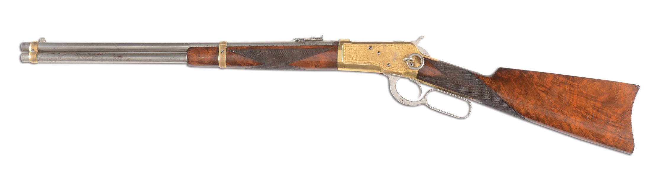 (A) RARE GOLD AND NICKEL FACTORY ENGRAVED WINCHESTER MODEL 1892 LEVER ACTION SADDLE RING CARBINE.