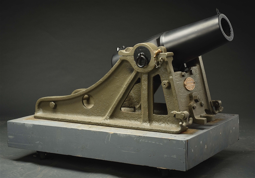VERY ATTRACTIVE WATERTOWN ARSENAL MODEL 1895 3.6 INCH FIELD MORTAR WITH EXCELLENT RELINED BORE IN ORIGINAL STEEL MOUNT ON ROLLING DISPLAY STAND.