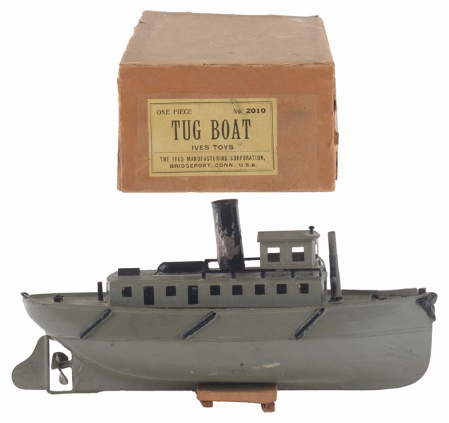 EARLY IVES PRE-WAR HAND-PAINTED CLOCKWORK TUG BOAT IN THE ORIGINAL BOX.