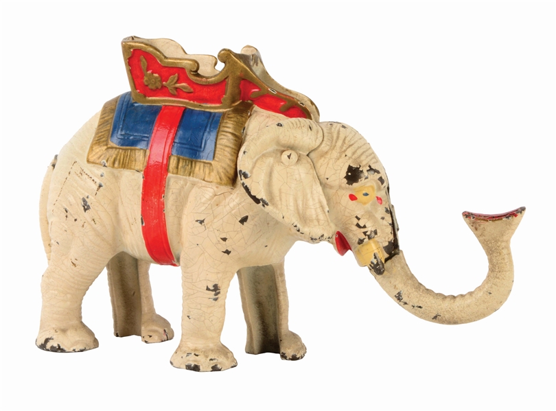 HUBLEY ELEPHANT WITH HOWDAH- PULL TAIL CAST IRON MECHANCAL BANK.