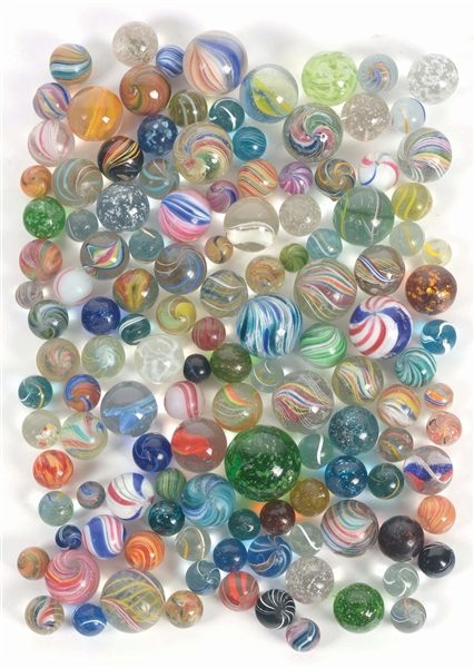 LOT OF 127: LARGE LOT OF HANDMADE MARBLES.
