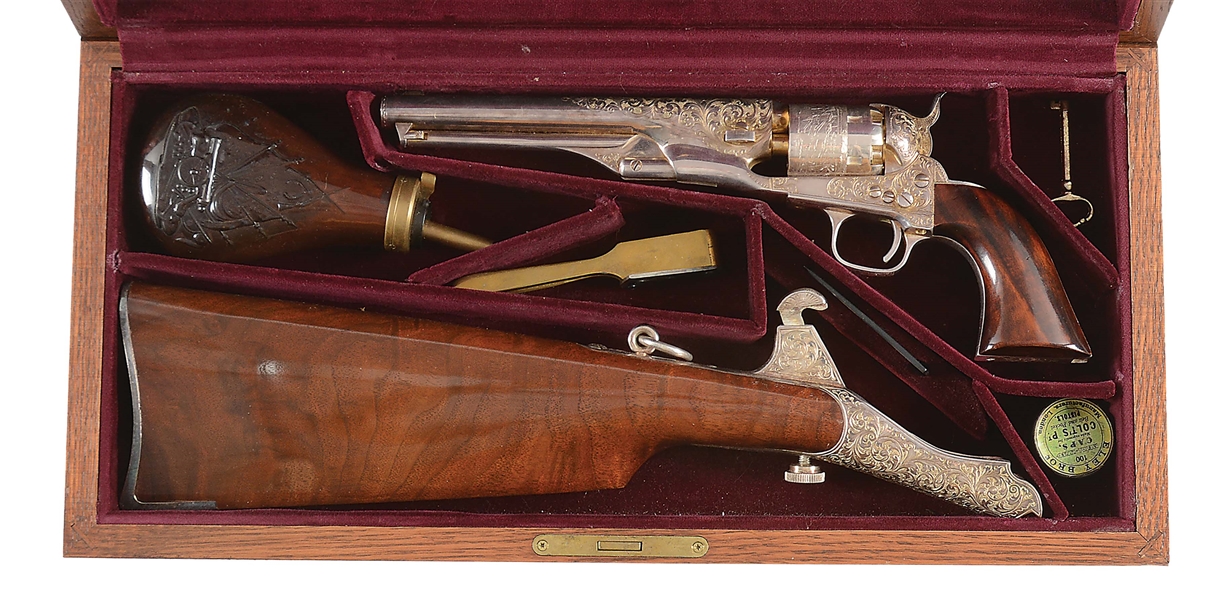 (A) CASED NICKEL PLATED UBERTI COPY OF A COLT MODEL 1861 NAVY SINGLE ACTION PERCUSSION REVOLVER.