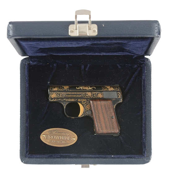 (C) EXHIBITION ENGRAVED AND CASED BROWNING POCKET .25 ACP BY ANGELO BEE.