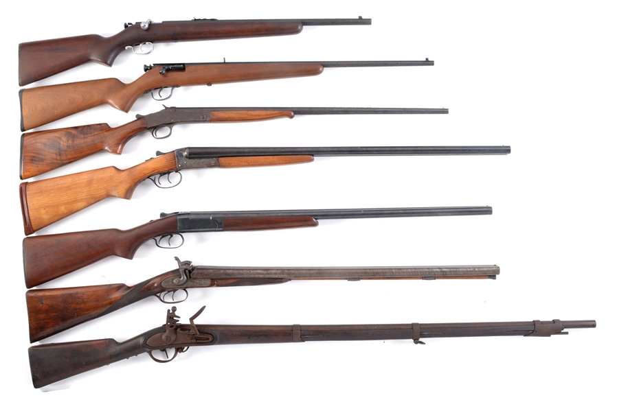 (C) LARGE LOT OF 9 BOLT ACTION RIFLES, SHOTGUNS, REVOLVER, PERCUSSION PISTOL AND ONE LEATHER GUN CASE