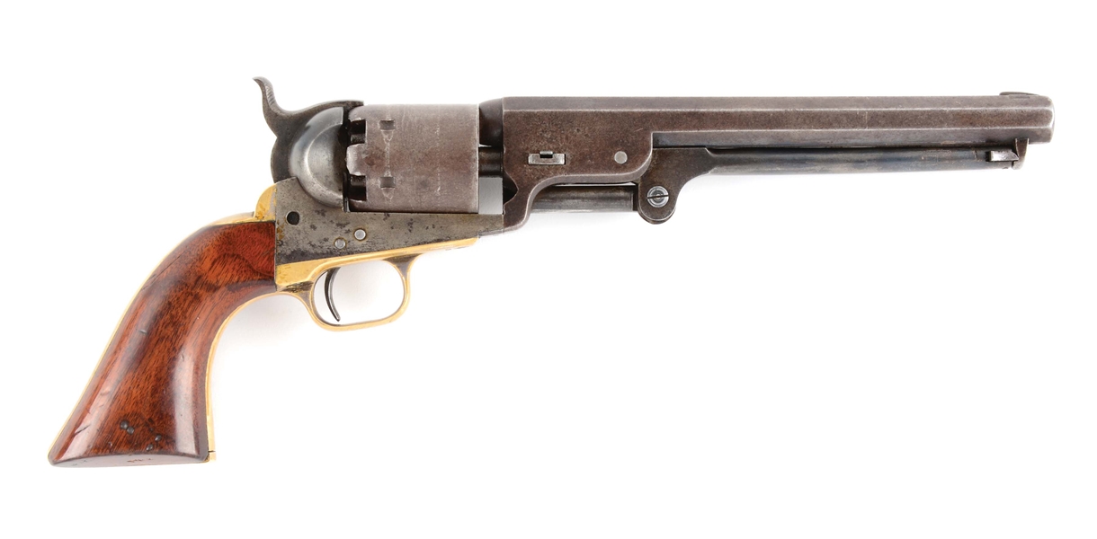 (A) COLT 1851 NAVY SECOND MODEL WITH HOLSTER, BULLET CASE, AND SKINS.