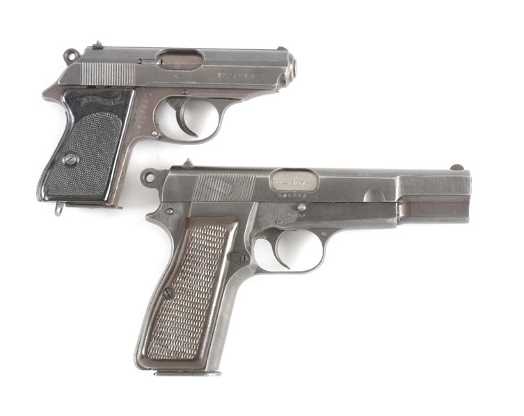 (C) LOT OF TWO: NAZI MARKED WALTHER PPK & BROWNING HI POWER SEMI-AUTOMATIC PISTOLS.