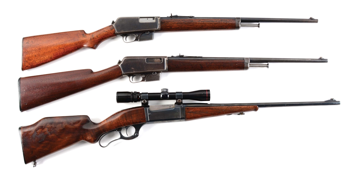 (C) LOT OF THREE: TWO WINCHESTER MODEL 1905 SEMI AUTOMATIC RIFLES AND ONE SAVAGE MODEL 99 LEVER ACTION RIFLE