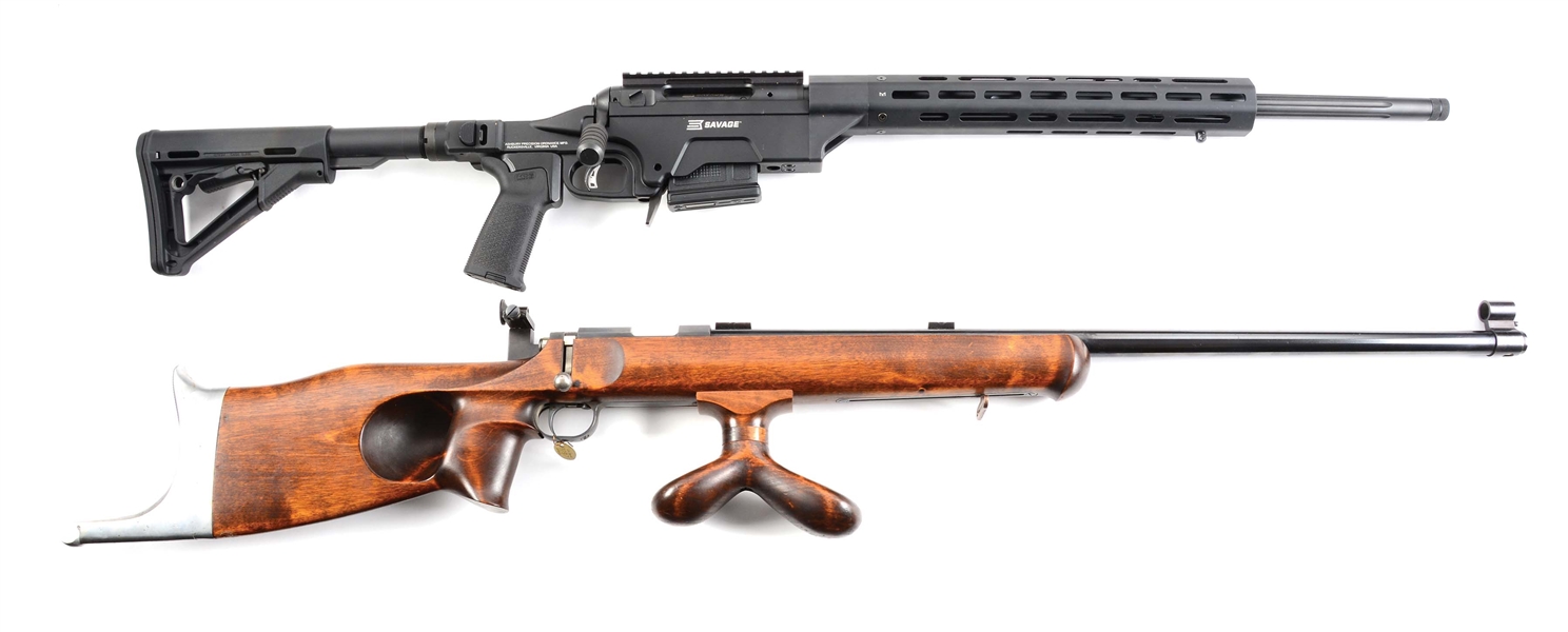 (M) LOT OF TWO: SAVAGE MODEL 10 .308 BOLT ACTION RIFLE IN SABER CHASSIS TOGETHER WITH A VALMET M45 .22 BOLT ACTION RIFLE.