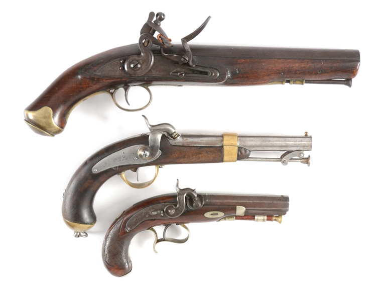 (A) LOT OF THREE: TWO PERCUSSION PISTOLS AND ONE FLINTLOCK PISTOL, ENGLISH AND FRENCH.