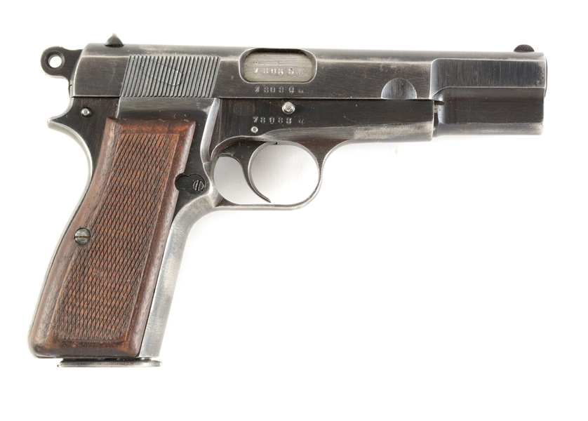 (C) WORLD WAR II NAZI GERMAN FN BROWNING HI-POWER 9MM SEMI AUTOMATIC PISTOL WITH HOLSTER AND BELT WITH NAZI SS BELT BUCKLE.