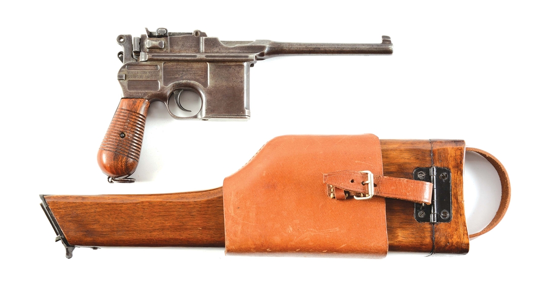 (C) MAUSER MODEL 1896 BROOMHANDLE 7.63 MAUSER SEMI AUTOMATIC PISTOL WITH REPRO WOOD HOSLTER/STOCK