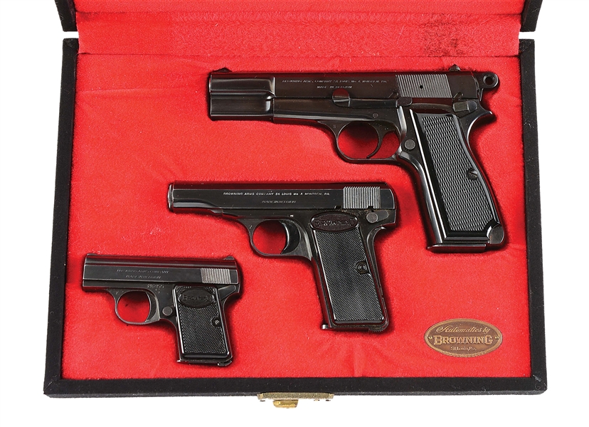 (C) LOT OF THREE: THREE BROWNING SEMI AUTOMATIC PISTOLS: HI POWER 9MM, MODEL 1955 .32 ACP, AND BABY .25 ACP WITH ORIGINAL CASES AND DISPLAY BOX