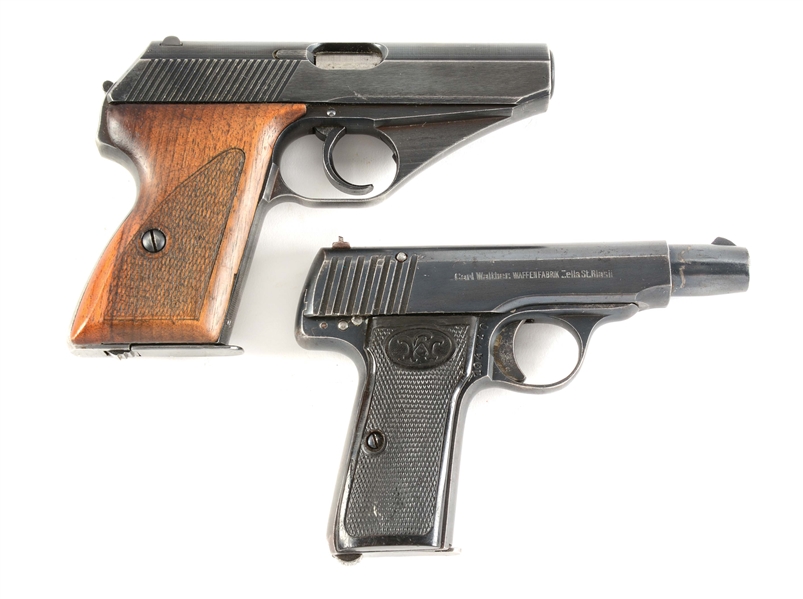 (C) LOT OF TWO: MAUSER HSC .32 ACP AND WALTHER MODEL 4 .32 ACP SEMI AUTOMATIC PISTOLS WITH HOLSTERS.