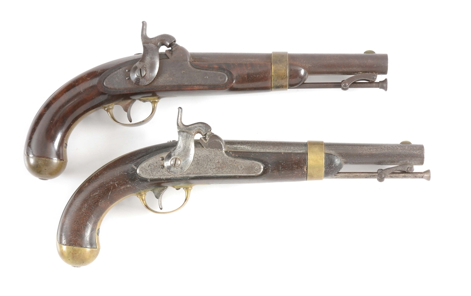 (A) LOT OF TWO H. ASTON MODEL 1842 PERCUSSION PISTOLS, DATED 1851 & 1849.