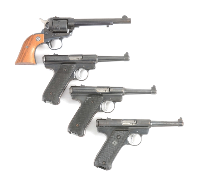 (M+C) LOT OF FOUR RUGER HANDGUNS: ONE SINGLE SIX .22 REVOLVER AND THREE STANDARD .22 SEMI AUTOMATIC PISTOLS