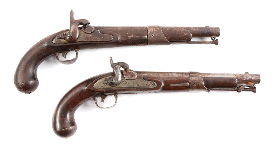 (A) LOT OF TWO: U.S. MODEL 1819 SIMEON NORTH 1822 DATED PISTOLS CONVERTED TO PERCUSSION.