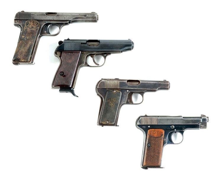 (C) LOT OF FOUR: BROWNING FN 1922, HEGE AP 66, MELIOR NEW MODEL, AND BERETTA MODEL 1915 SEMI AUTOMATIC PISTOLS.