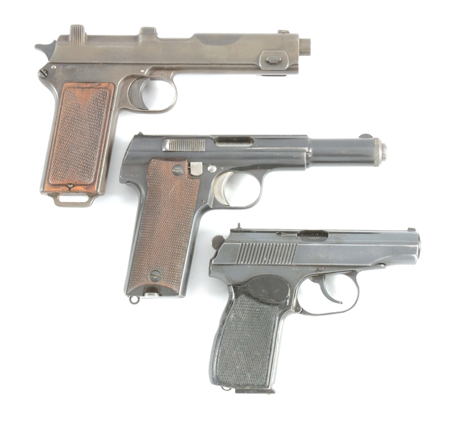 (C) LOT OF THREE MILITARY SEMI AUTOMATIC PISTOLS: STEYR-HAHN 1912, ASTRA 600/43, AND EAST GERMAN MAKAROV.