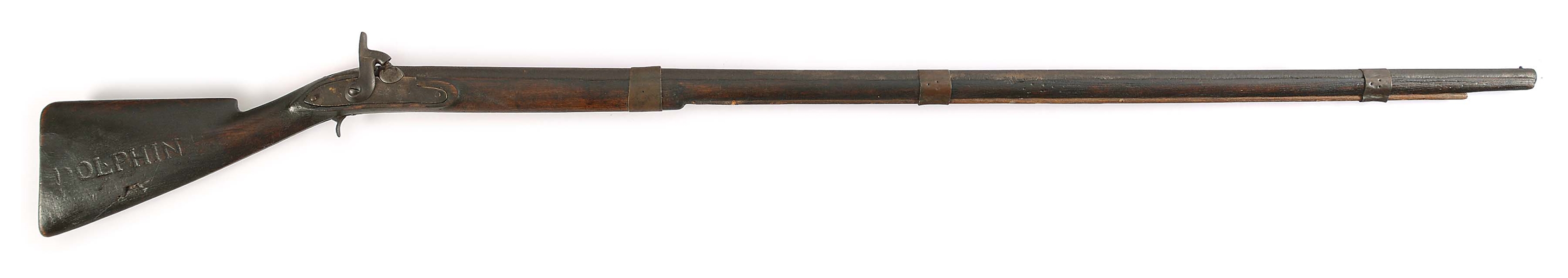 (A) A UNIQUE AND MOST INTERESTING MASSIVE .90 CALIBER PERCUSSION GUN WITH NEARLY 5 LONG BARREL, CONVERTED FROM FLINTLOCK.