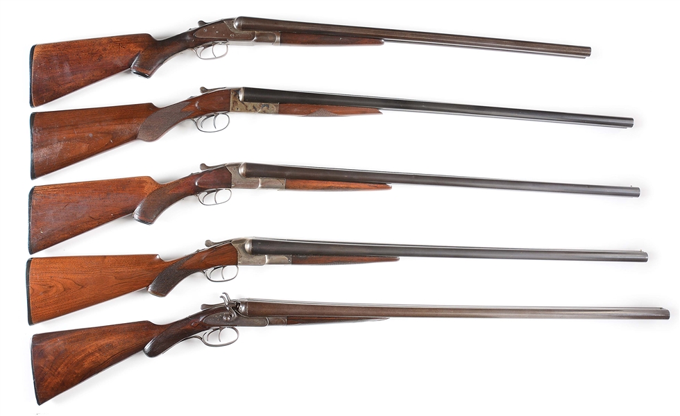 (C) LOT OF FIVE: SIDE BY SIDE HAMMERLESS SHOTGUNS, FOUR TRYONS AND ONE KEYSTONE ARMS.