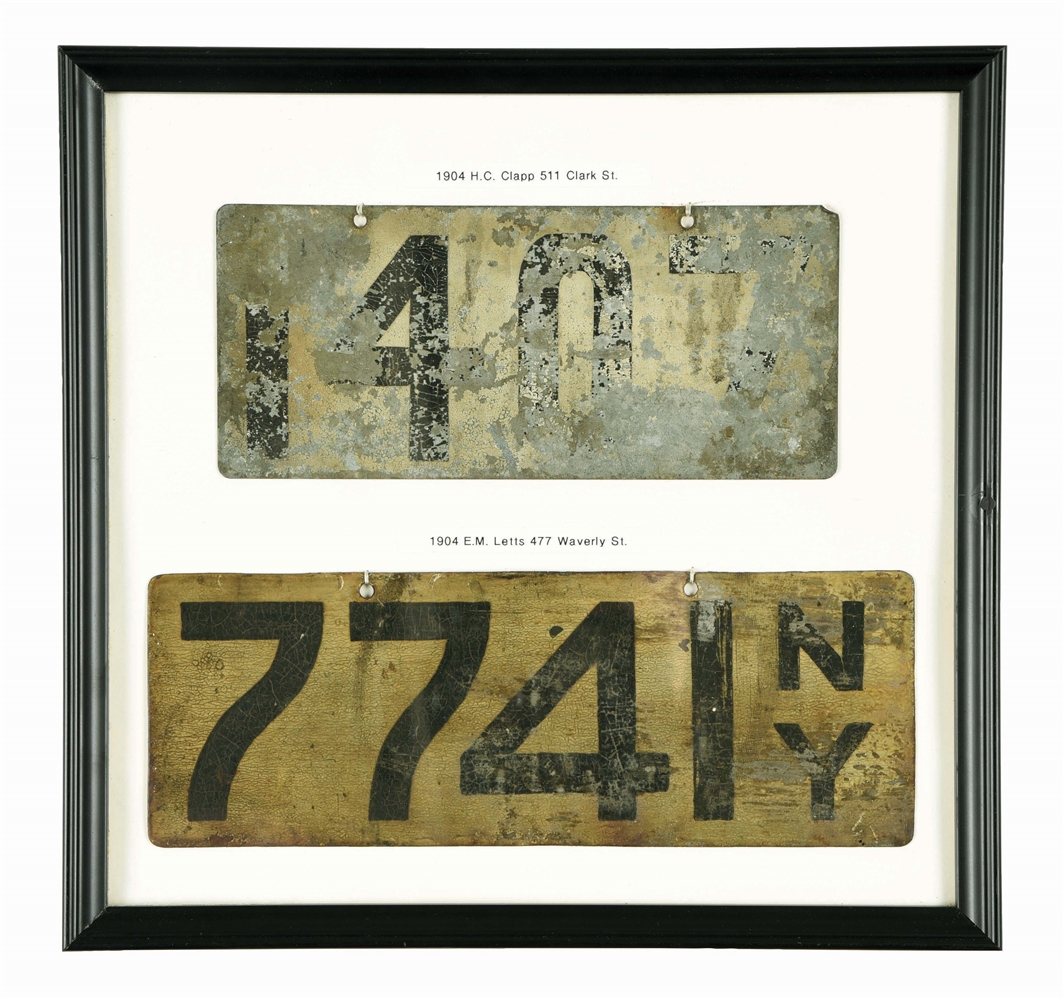 TWO FRAMED VERY EARLY NY LICENSE PLATES.