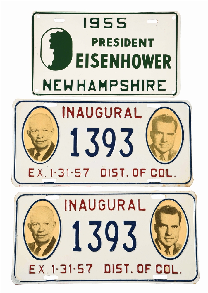 GROUP OF 3 INAUGURAL AND COMMEMORATIVE LICENSE PLATES.
