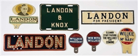 GROUP OF 32 MISCELLANEOUS PRESIDENTIAL CANDIDTATE LICENSE PLATE ATTACHMENTS.