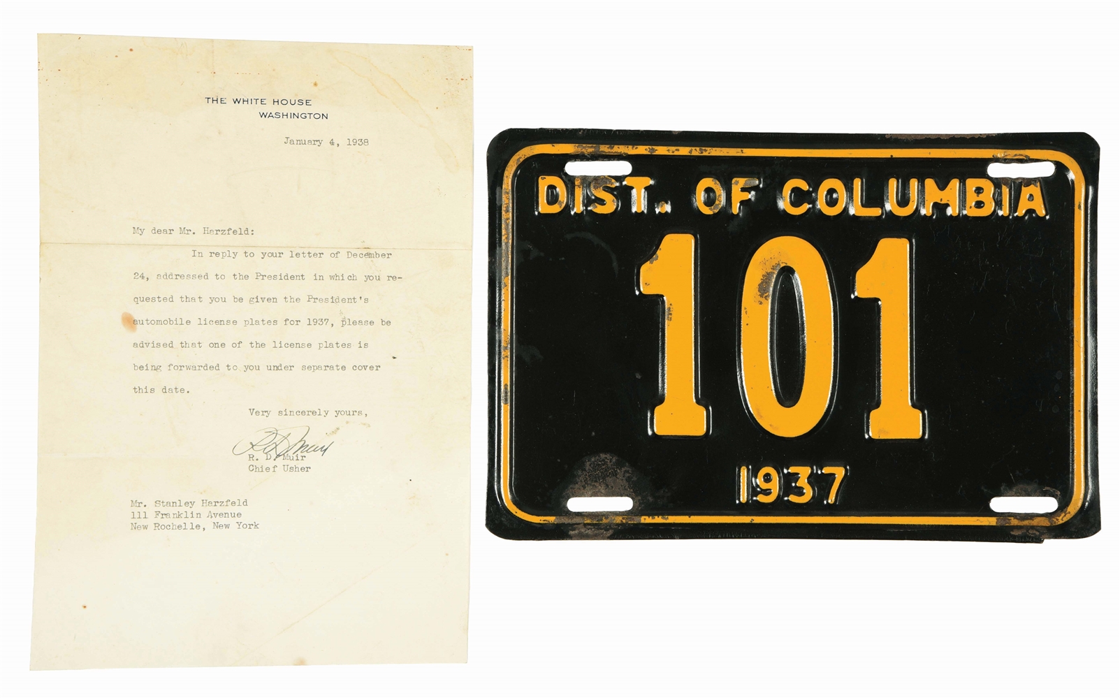 1937 DISTRICT OF COLUMBIA PRESIDENTIAL LICENSE PLATE.