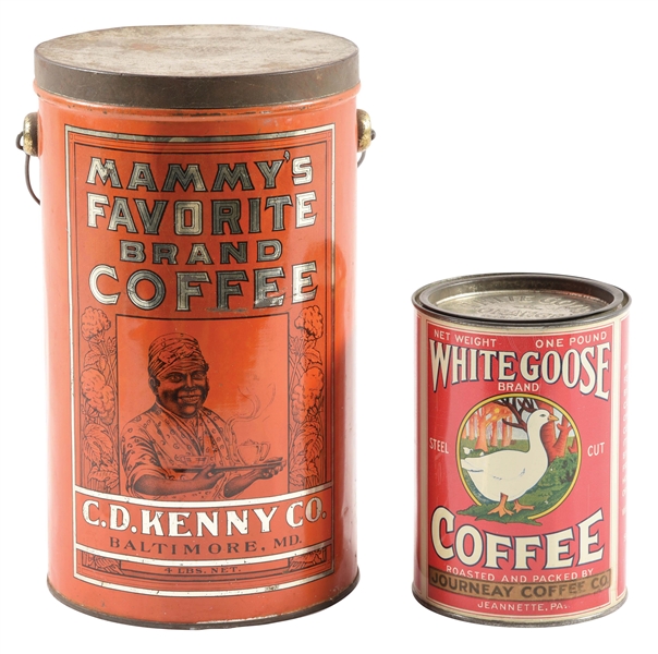 LOT OF 2: WHITE GOOSE AND MAMMYS FAVORITE COFFEE TINS.