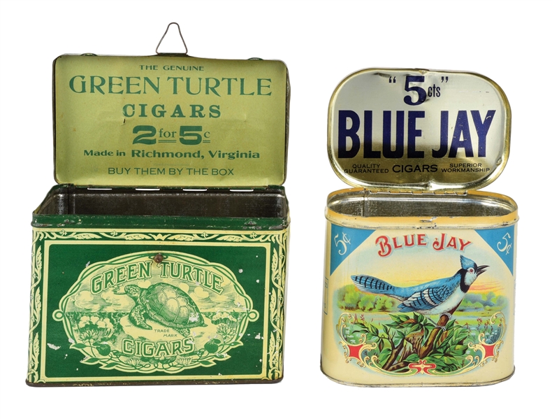 LOT OF 2: GREEN TURTLE AND BLUE JAY CIGAR TINS.