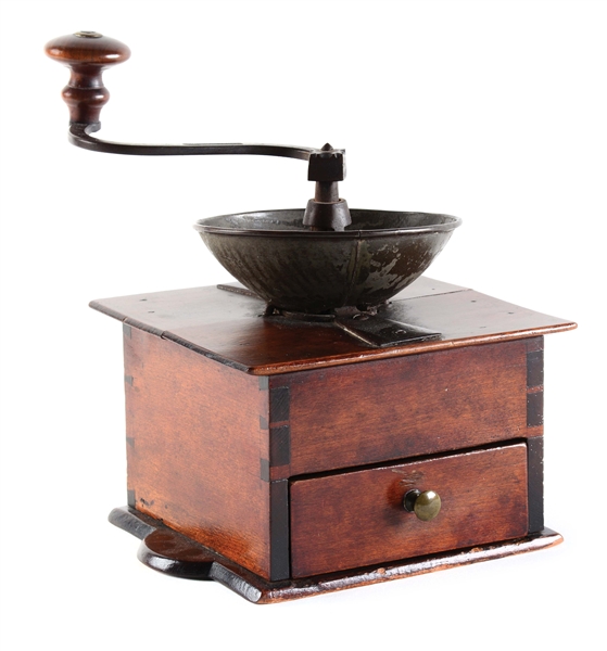 COFFEE GRINDER STAMPED "A. KLEIN". YORK COUNTY, PENNSYLVANIA. CHERRY, IRON AND PINE. CIRCA 1820.