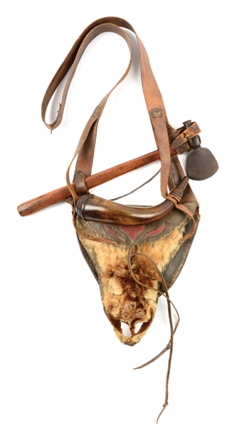 HUNTING POUCH WITH HEART PIERCING, POWDER HORN AND BELT AX. 