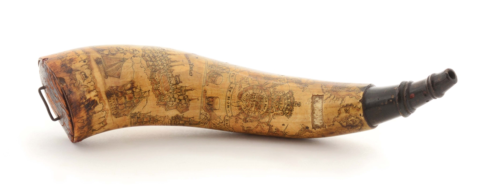 ENGRAVED FRENCH AND INDIAN WAR NEW YORK MAP POWDER HORN.