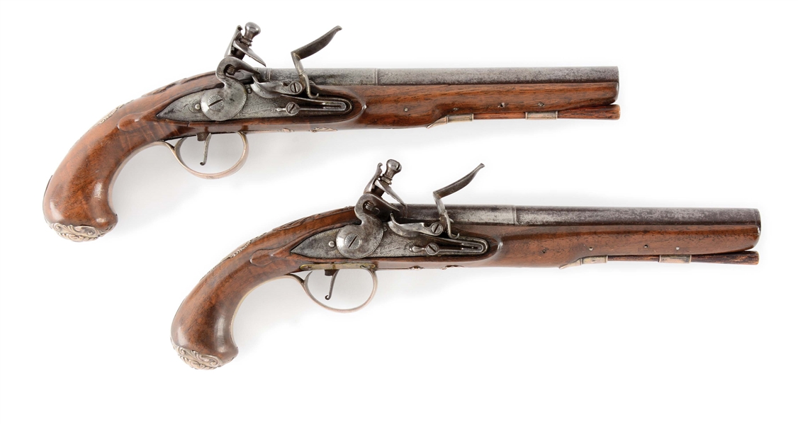 (A) PAIR OF SILVER MOUNTED AMERICAN OFFICERS PISTOLS SIGNED SWIETZER.